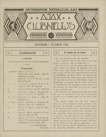 Clubnieuws Ajax (vanaf 1916) 1922-10-01