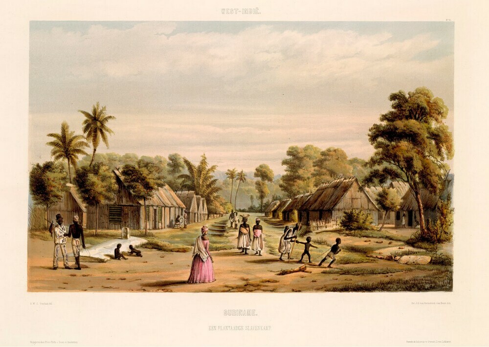 Gezigten uit Neerland's West-Indie:Plantaadge slavenkamp / Views of the Dutch West Indies: Surinam. Plantation slave camp