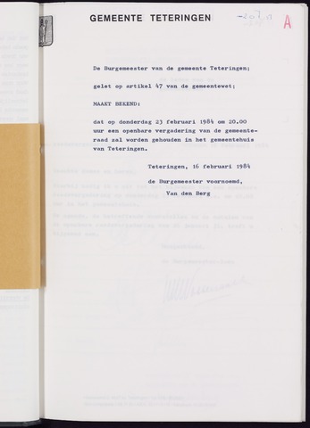 Teteringen - Notulen en bijlagen van de gemeenteraad 1984-02-23