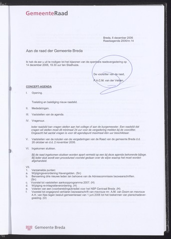 Breda - Bijlagen bij de notulen van de gemeenteraad 2006-12-06