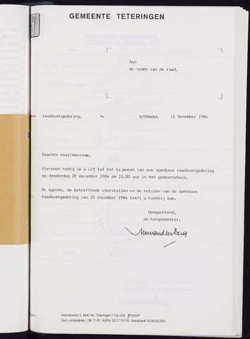 Teteringen - Notulen en bijlagen van de gemeenteraad 1984-12-20