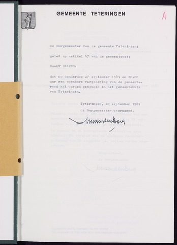 Teteringen - Notulen en bijlagen van de gemeenteraad 1984-09-27