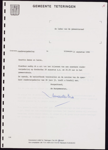 Teteringen - Notulen en bijlagen van de gemeenteraad 1986-08-26