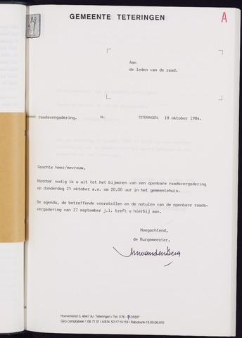 Teteringen - Notulen en bijlagen van de gemeenteraad 1984-10-25