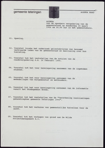 Teteringen - Notulen en bijlagen van de gemeenteraad 1994-03-24