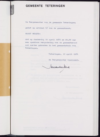Teteringen - Notulen en bijlagen van de gemeenteraad 1984-04-19