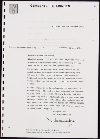 Teteringen - Notulen en bijlagen van de gemeenteraad 1986-05-29