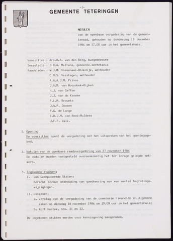Teteringen - Notulen en bijlagen van de gemeenteraad 1986-12-18