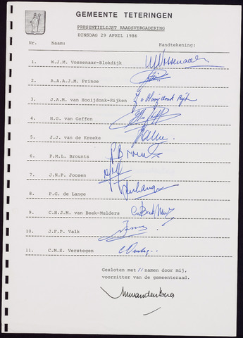 Teteringen - Notulen en bijlagen van de gemeenteraad 1986-04-29