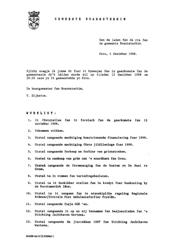 Boarnsterhim vergaderstukken gemeenteraad  1998-12-15