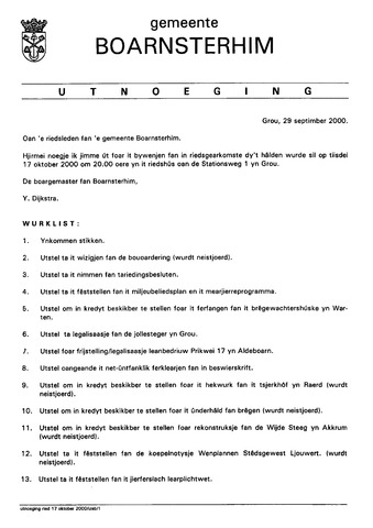 Boarnsterhim vergaderstukken gemeenteraad  2000-10-17