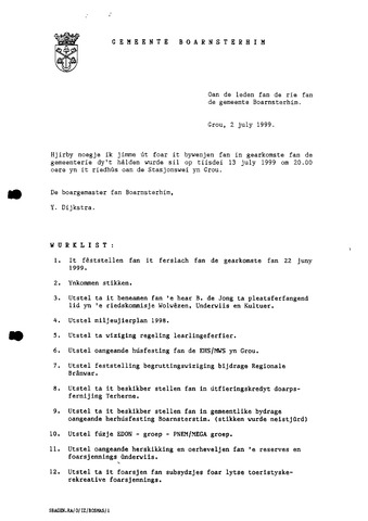 Boarnsterhim vergaderstukken gemeenteraad  1999-07-13