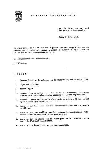 Boarnsterhim vergaderstukken gemeenteraad  1998-04-21