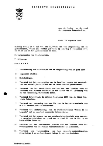 Boarnsterhim vergaderstukken gemeenteraad  1996-09-03