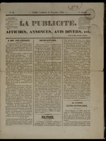 La Publicité - L'ami du Commerce et de la Librairie - L'Echo d'Ypres (1840-1842) 1840-11-27