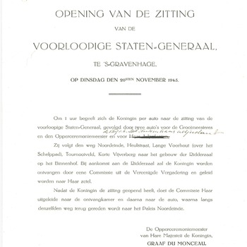 Programma voor de opening van de zitting van de voorlopige Staten-Generaal, 20 november 1945