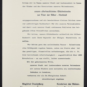 Brief van de Magistraat en het Kuratorium des Waisenhauses te Oranienburg aan prins Hendrik bij de aanbieding van een fotoalbum, 2 februari 1926