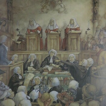 Interieur van een Engelse rechtbank, boekillustratie voor 'De Cornwall Sage'
