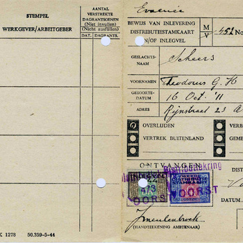 inleveringsbewijs distributiestamkaart en/of inlegvel, 11-01-1945