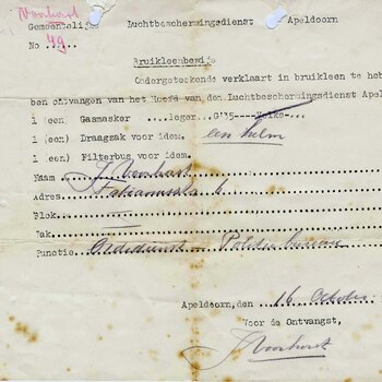 bruikleenbewijs Luchtbeschermingsdienst Apeldoorn J. Voorhorst, 16-10-1941