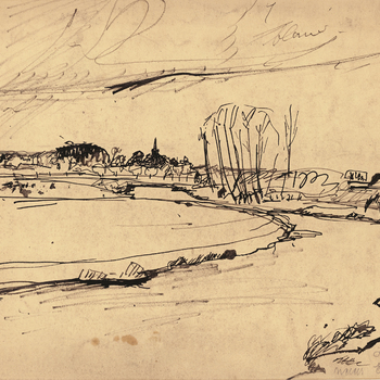 Tekening, schets, voorstellende de dijk te Enspijk langs de Linge, vervaardigd door Jan van Anrooy te Rumpt