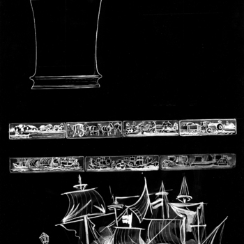 Ontwerptekening in aquarel, voorstellende een vaas, vervaardigd door Michiel Warbroek te Tiel voor Metaalwarenfabriek Daalderop te Tiel, 1979