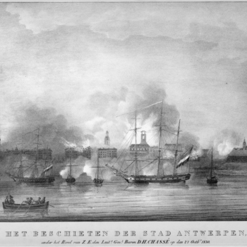Lithografie, voorstellende het beschieten van de stad Antwerpen onder bevel van generaal Chasse, 1830