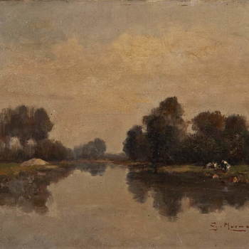 Schilderij,  olieverf op doek, voorstellende een landschap met de rivier de Linge bij Enspijk, vervaardigd door G.Murman, 1934,  werktitel