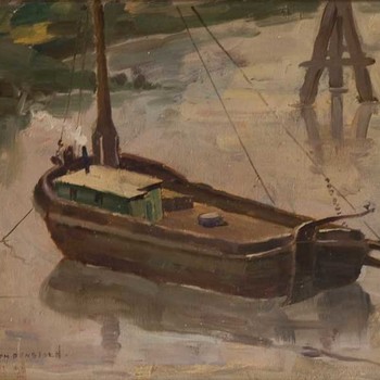 Schilderij, olieverf op paneel, voorstellende een schokker op de rivier de Waal, vervaardigd door Joh. Ponsioen te Tiel