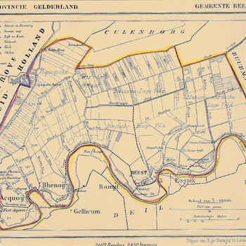 Lithografie, voorstellende een kaart van de gemeente Beesd, vervaardigd door Hugo Suringar te Leeuwarden, 1865-1869