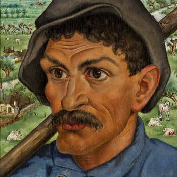 Schilderij, getiteld 'boerenkop',  olieverf op paneel, voorstellende het portret van een besnorde boer met blauwe kiel en zwarte pet, vervaardigd door Joh. Ponsioen, 1935,  werktitel