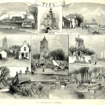 Litho, voorstellende diverse stadsgezichten van Tiel, vervaardigd door P.A. Schipperus te Den Haag, 1888,  Den Haag