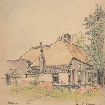 Tekening, voorstellende een boerderij bij Zoelen, vervaardigd door Job van Eijk te Tiel, 1951