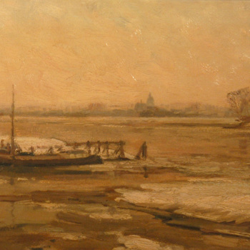 Schilderij, olieverf op doek, voorstellende de Waal bij Tiel met hoog water, kijkend richting Wamel,  vervaardigd door David Schulman te Laren, ca.1915,  werktitel