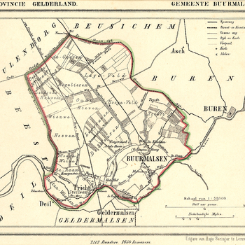 Lithografie, voorstellende een kaart van de gemeente Buurmalsen, vervaardigd door Hugo Suringar te Leeuwarden, 1866