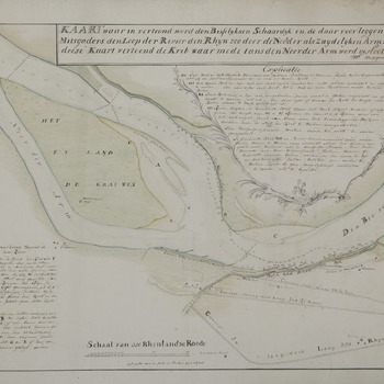 Kaart, waarin vertoond word den Bisselyksen schaardijk en de daarvoor liggende waterwerken mitsgaders den loop der rivier den Rhijn zoo door de Noorder-als Zuidelijke arm wordt gesloote