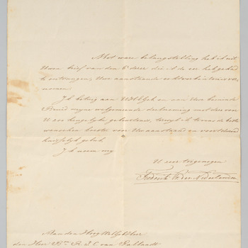 Brief van Willem Frederik Karel, Prins van Nederland aan Reinhard Jan Christiaan baron van Pallandt