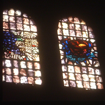 Twee glasramen in de stadskerk van Huissen.Druiven met koren en brood met vis.