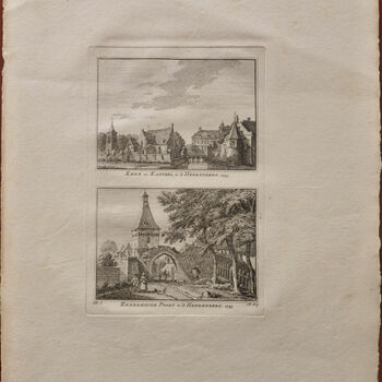 Gravure "Kerk en kasteel te 's-Heerenberg.  Zeddamsche Poort te 's-Heerenberg" op papier naar Jan de Beijer, 1745