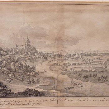 Boekillustratie "Gezicht op de stad Kleef" op papier, naar een tekening van Jan de Beijer