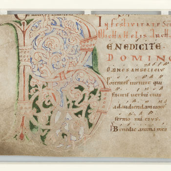 Boekfragment "Blad uit een Missaal met een initiaal B" handschrift op perkament, circa 1200, Engeland?