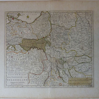 Topografische prent "Gekleurde kaart van de Provincie Gelderland" op papier gedrukt naar J. Keizer en uitgegeven door Isaak Tirion, 1740, Amsterdam