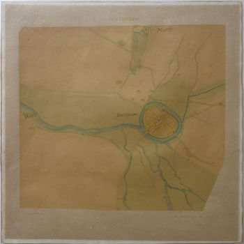 Topografische prent "Stadsgezicht en plattegrond van Doetinchem met omgeving" op papier door Jacob van Deventer
