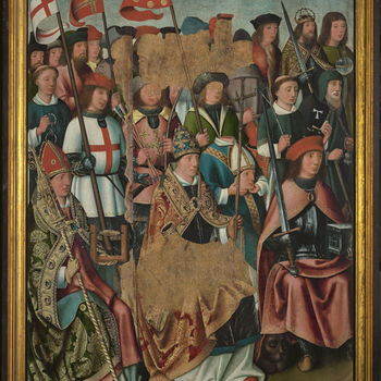 Paneelschildering "Altaarluik met veertien heiligen en tien stichters" op hout, door een Rijnlandse (Keulen of Aken) schilder, begin 16de eeuw
