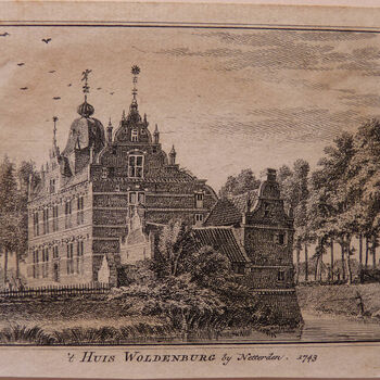 Boekillustratie " 't Huis Wolderburg" op papier gedrukt door Hendrik Spilman naar een tekening van Jan de Beijer, 1743