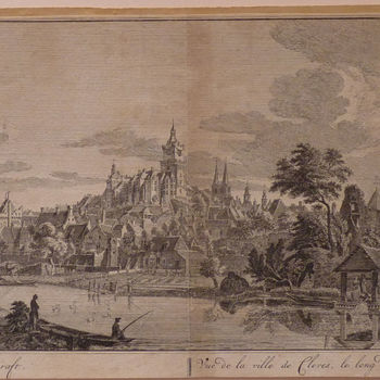 Boekillustratie "Gezicht op de stad Kleef, langs de Spuygraft" op papier, naar een tekening van Jan de Beijer