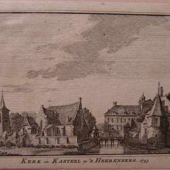 Prent "Kerk en kasteel te 's-Heerenberg. 1743" op papier naar Jan de Beijer, 1743