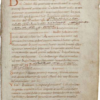 Boekfragment "Blad uit een Missaal" handschrift op perkament, 9e of 10e eeuw, West-Europa