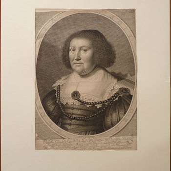 Portret "Catharina van Cuylenburg" op papier, gravure door W.J. Delff naar M. van Mierenveldt, 1634