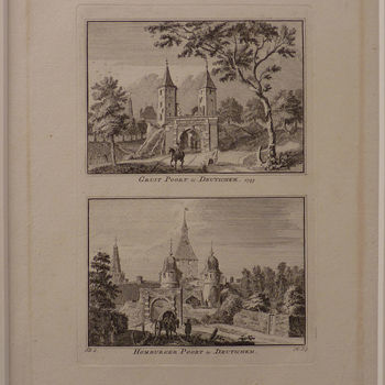 Gravure "De Gruitpoort en de Homburgerpoort te Deutichem" papier gedrukt naar een tekening van Jan de Beijer, 1731